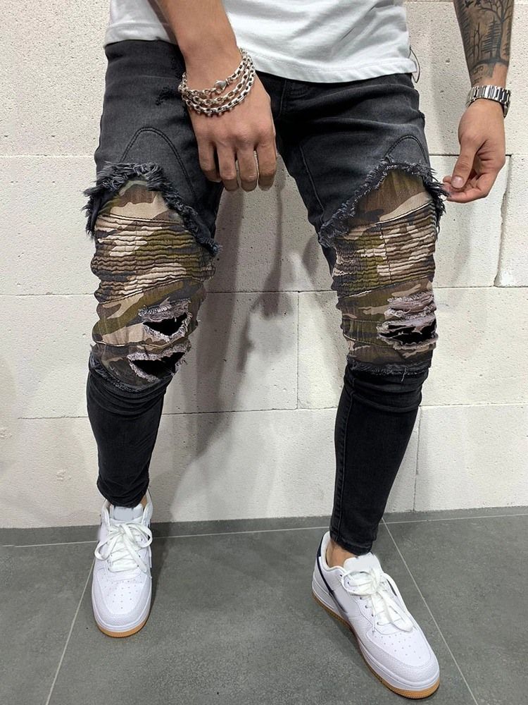 Patchwork Camouflage Pencil Pants Mid Waist European Herre Jeans