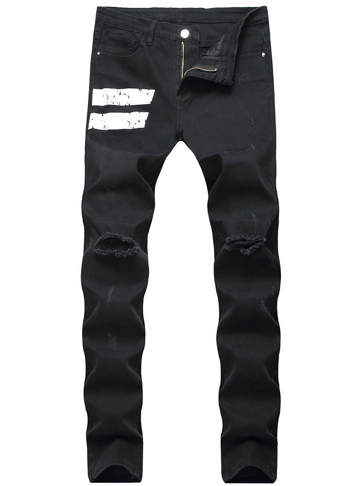 Patchwork Color Block Mid-waist Mens Ripped Jeans