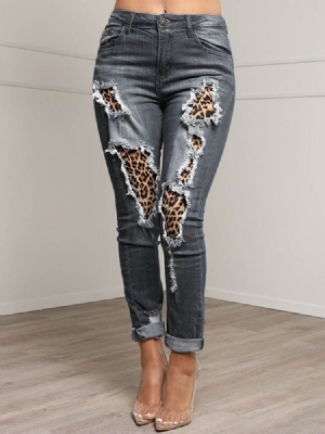 Patchwork Leopard Pencil Pants Glidelås Slim Jeans For Kvinner