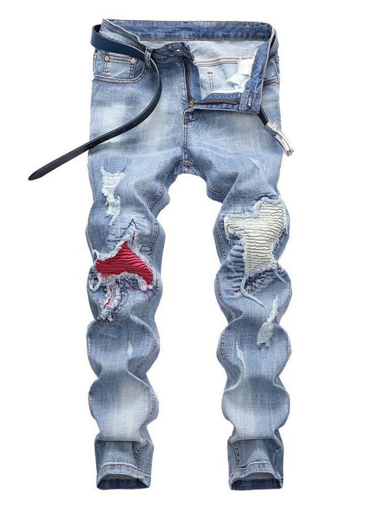 Patchwork Light Blue Pleated Mens Casual Jeans