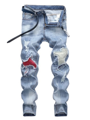 Patchwork Light Blue Pleated Mens Casual Jeans