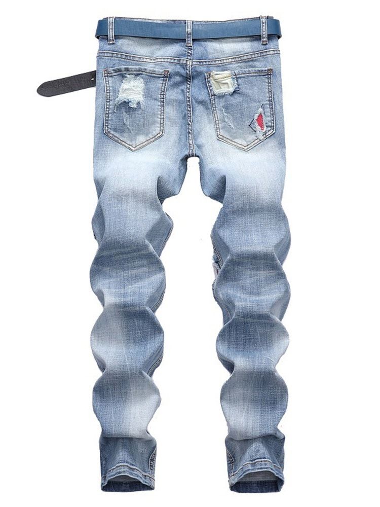 Patchwork Light Blue Pleated Mens Casual Jeans