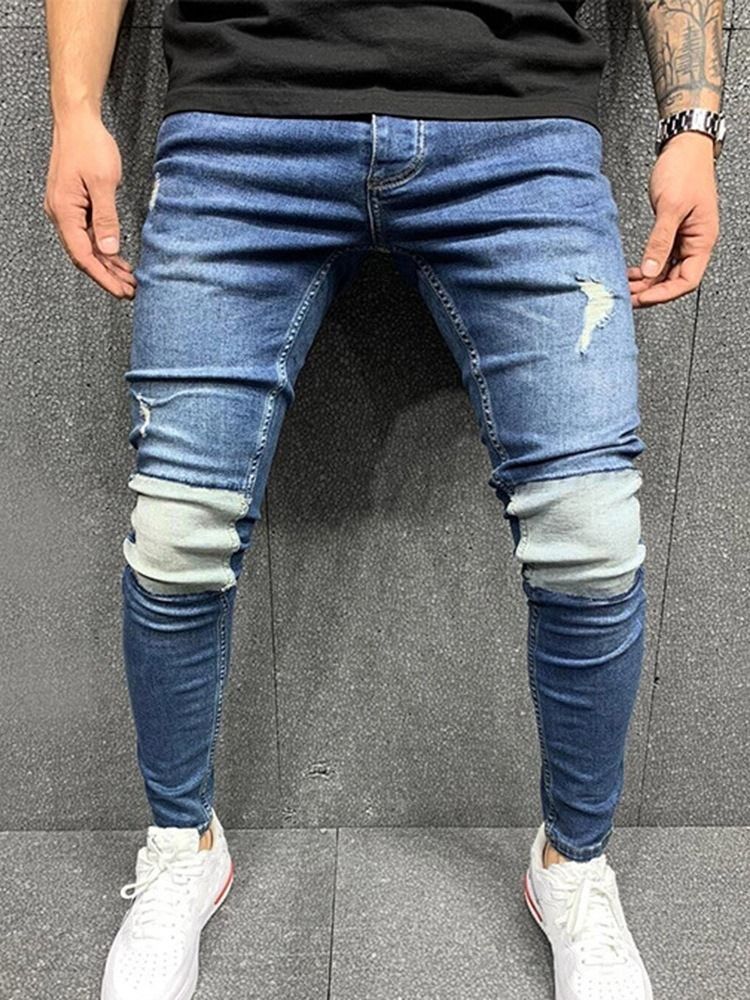 Patchwork Pencil Pants Color Block Glidelås Mid Waist Jeans For Menn