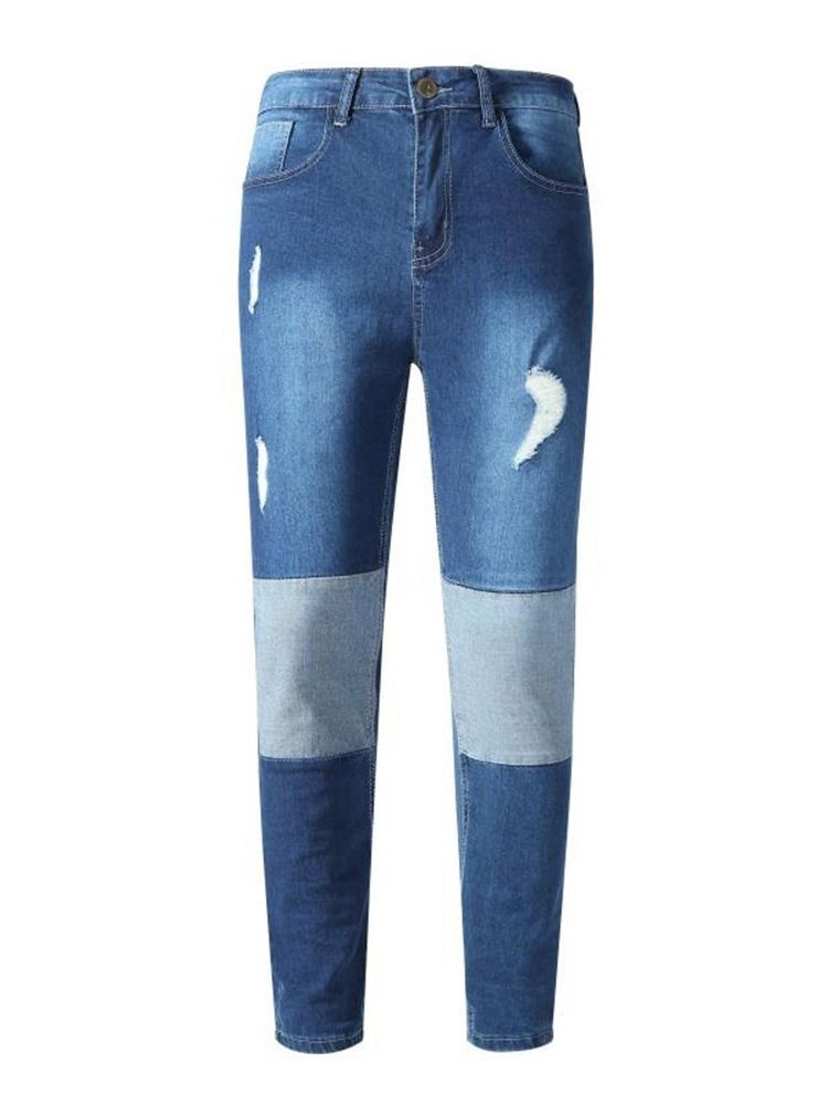 Patchwork Pencil Pants Color Block Glidelås Mid Waist Jeans For Menn