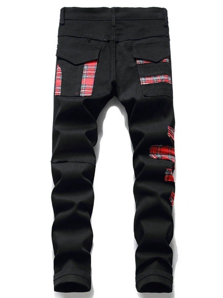 Patchwork Plaid Straight Zipper European Herre Jeans