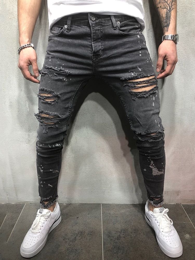 Pencil Hole Plain Casual Mid Waist Jeans For Menn