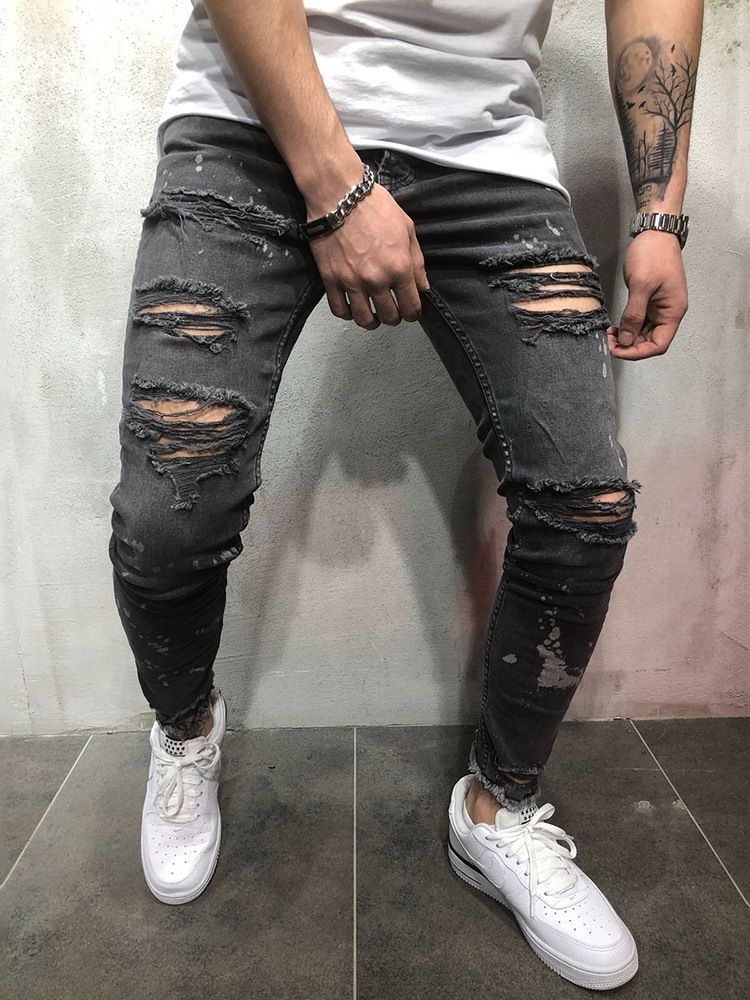 Pencil Hole Plain Casual Mid Waist Jeans For Menn