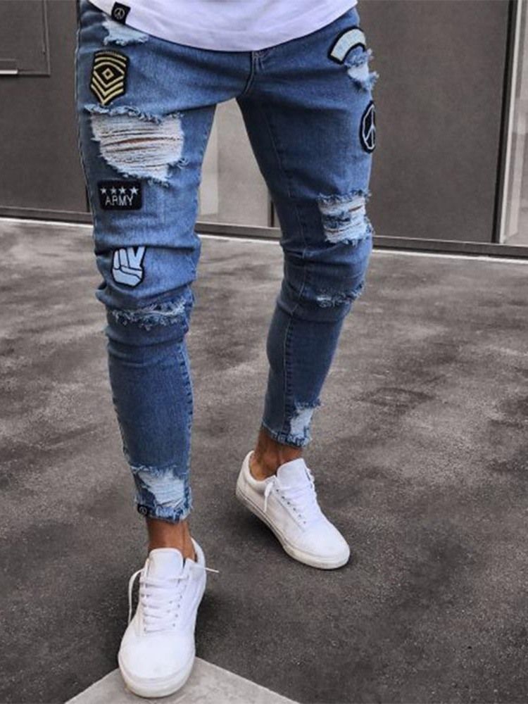 Pencil Pants Appliques Mid Waist Herre Casual Jeans