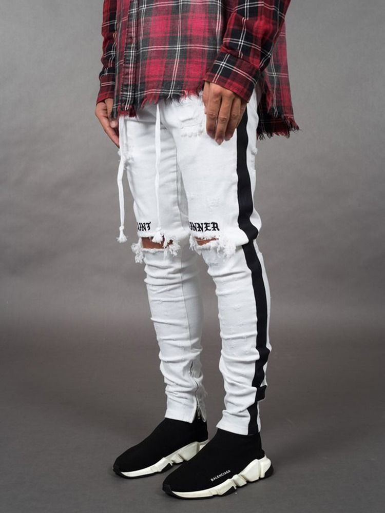 Pencil Pants Letter Hole Mid Waist Mens Casual Jeans