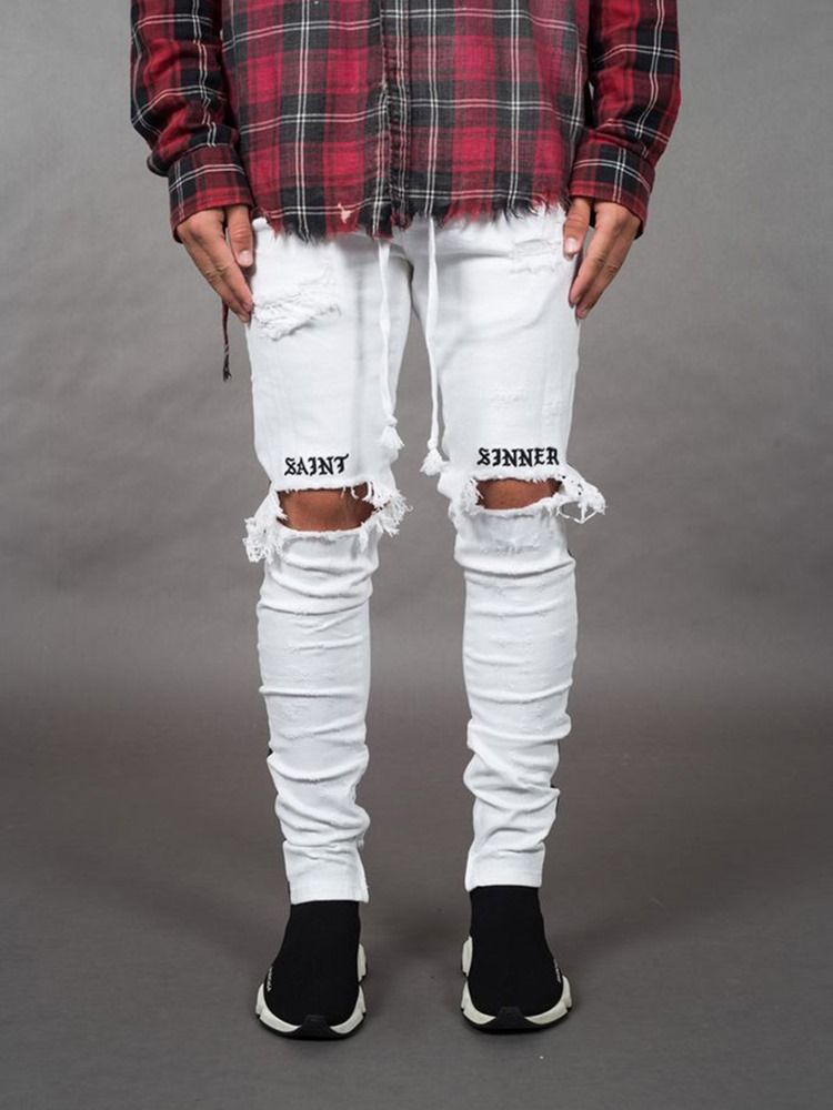 Pencil Pants Letter Hole Mid Waist Mens Casual Jeans