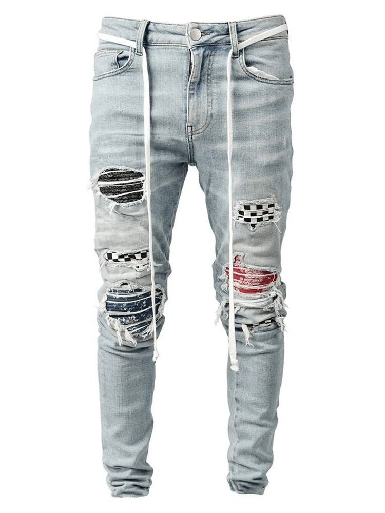 Pencil Pants Plaid Patchwork Mid Waist Hip Hop Herre Jeans