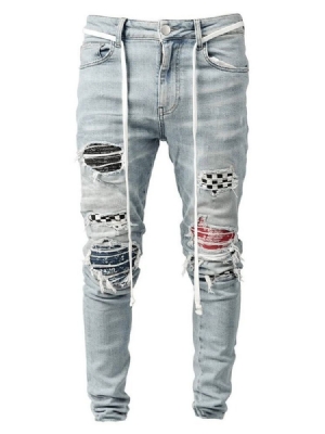 Pencil Pants Plaid Patchwork Mid Waist Hip Hop Herre Jeans