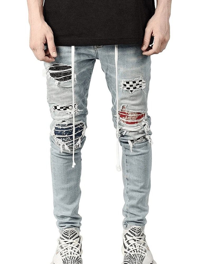 Pencil Pants Plaid Patchwork Mid Waist Hip Hop Herre Jeans