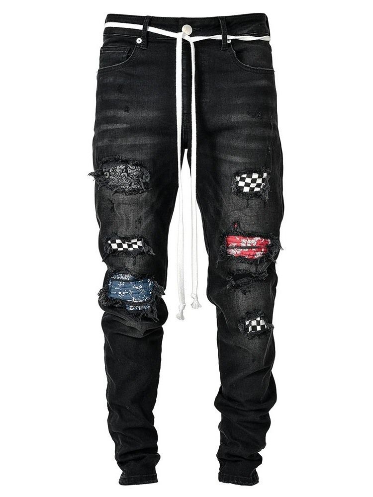 Pencil Pants Plaid Patchwork Mid Waist Hip Hop Herre Jeans