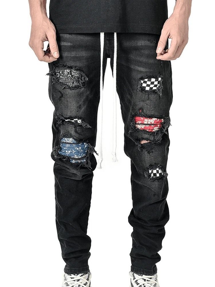 Pencil Pants Plaid Patchwork Mid Waist Hip Hop Herre Jeans