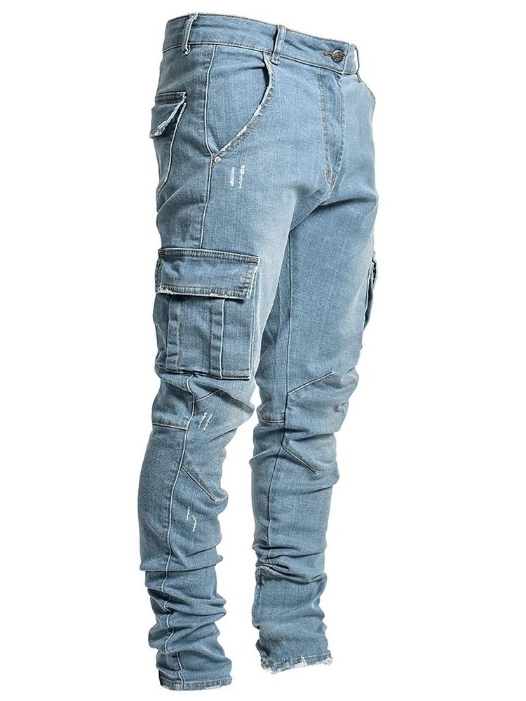 Pencil Pants Plain Pocket Mid Waist Casual Menns Jeans