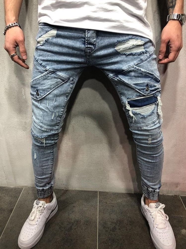 Pencil Pants Pocket Mid Waist Glidelås Menns Blå Jeans