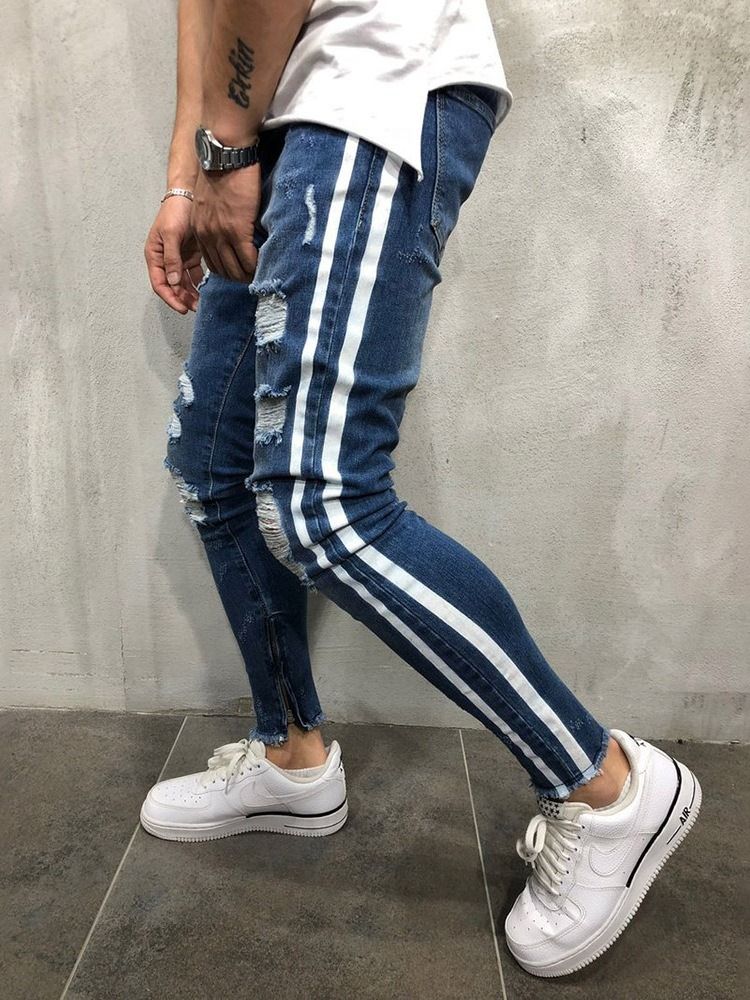 Pencil Pants Stripe Hole Mid Waist European Herre Jeans