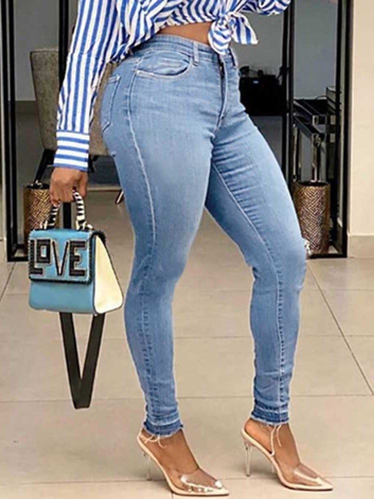 Pencil Pants Washable Plain High Waist Zipper Dame Jeans