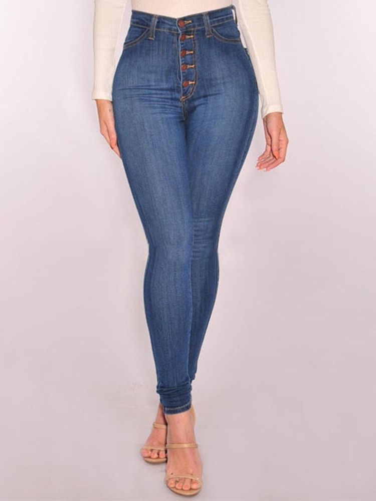 Plain Denim Button Skinny Jeans Med Høy Midje