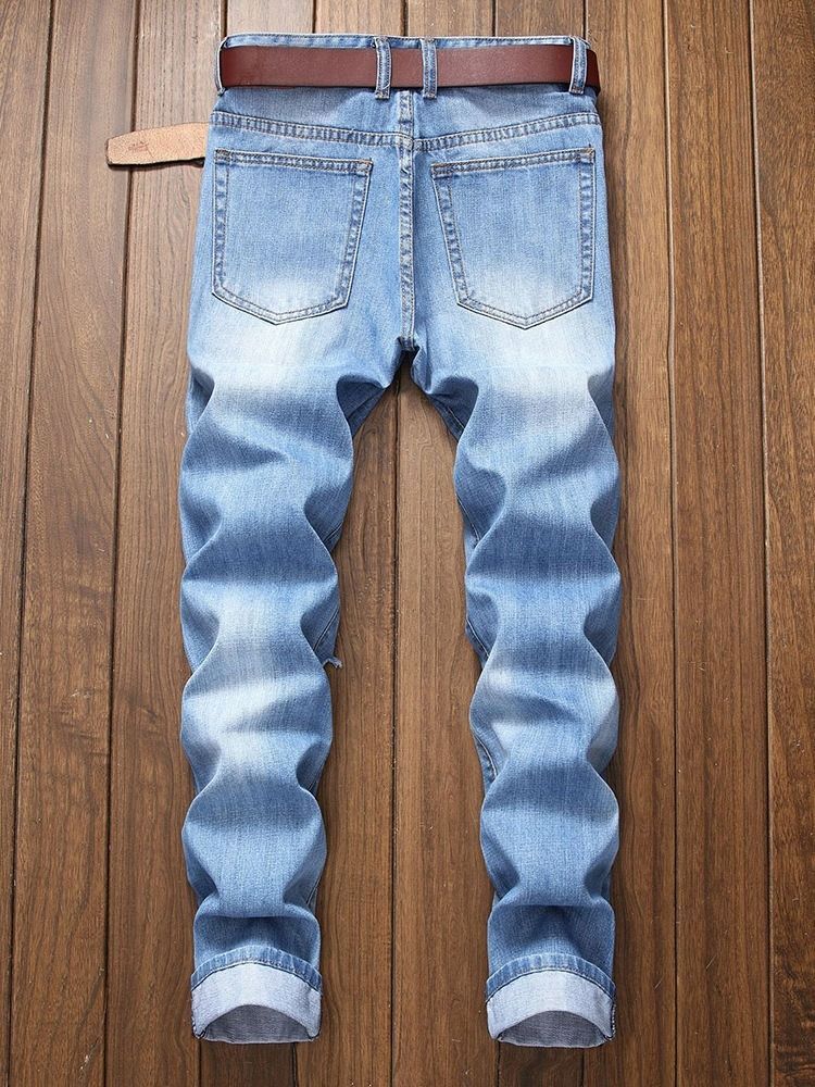 Plain Hole Zipper Mid Waist Herre Jeans