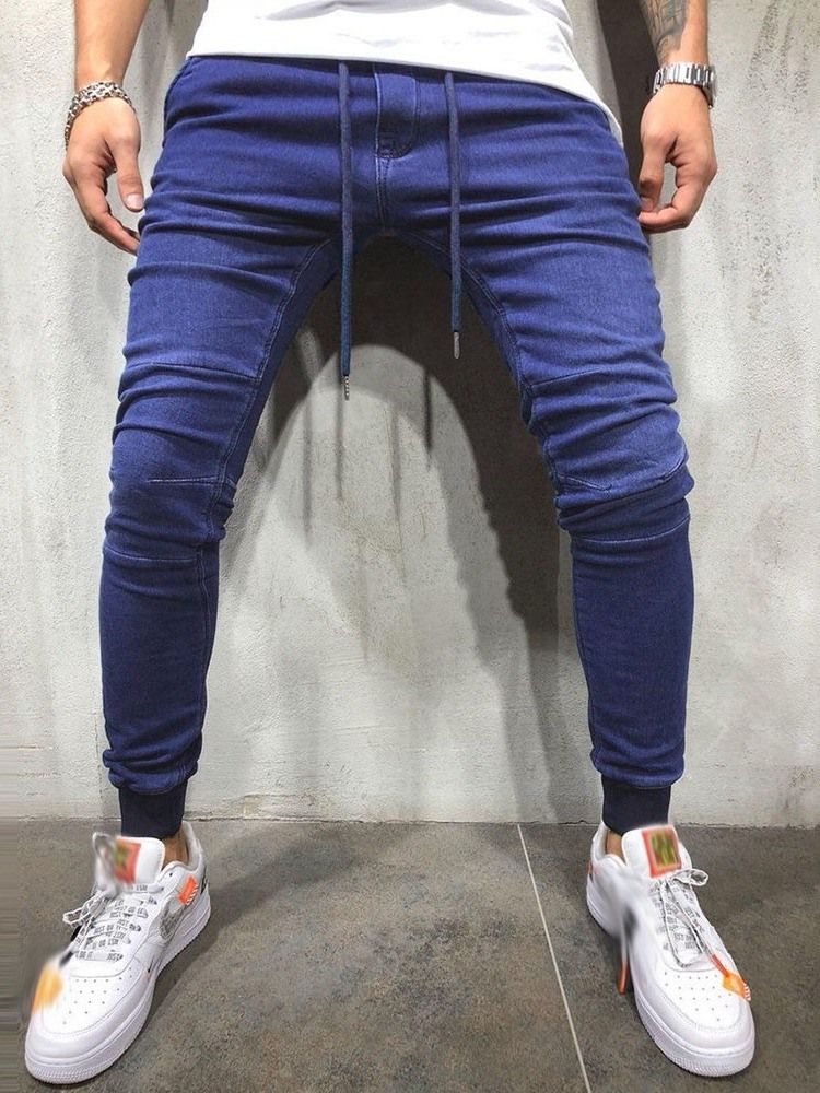 Plain Lace-up Casual Pencil Jeans For Menn