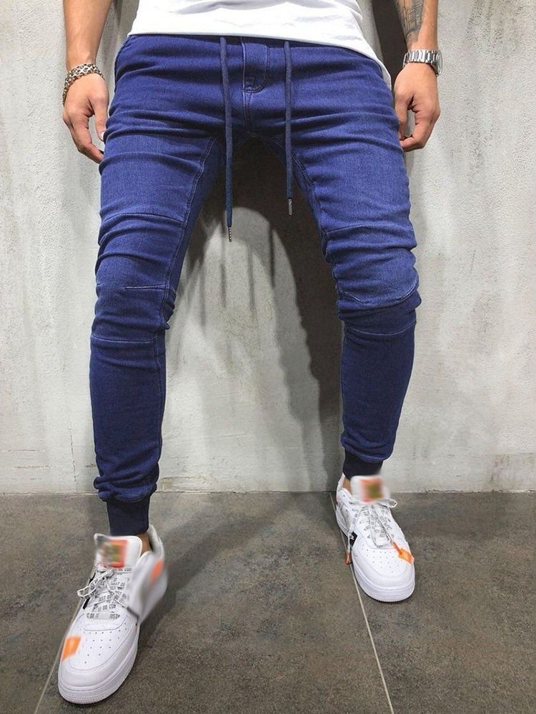 Plain Lace-up Casual Pencil Jeans For Menn