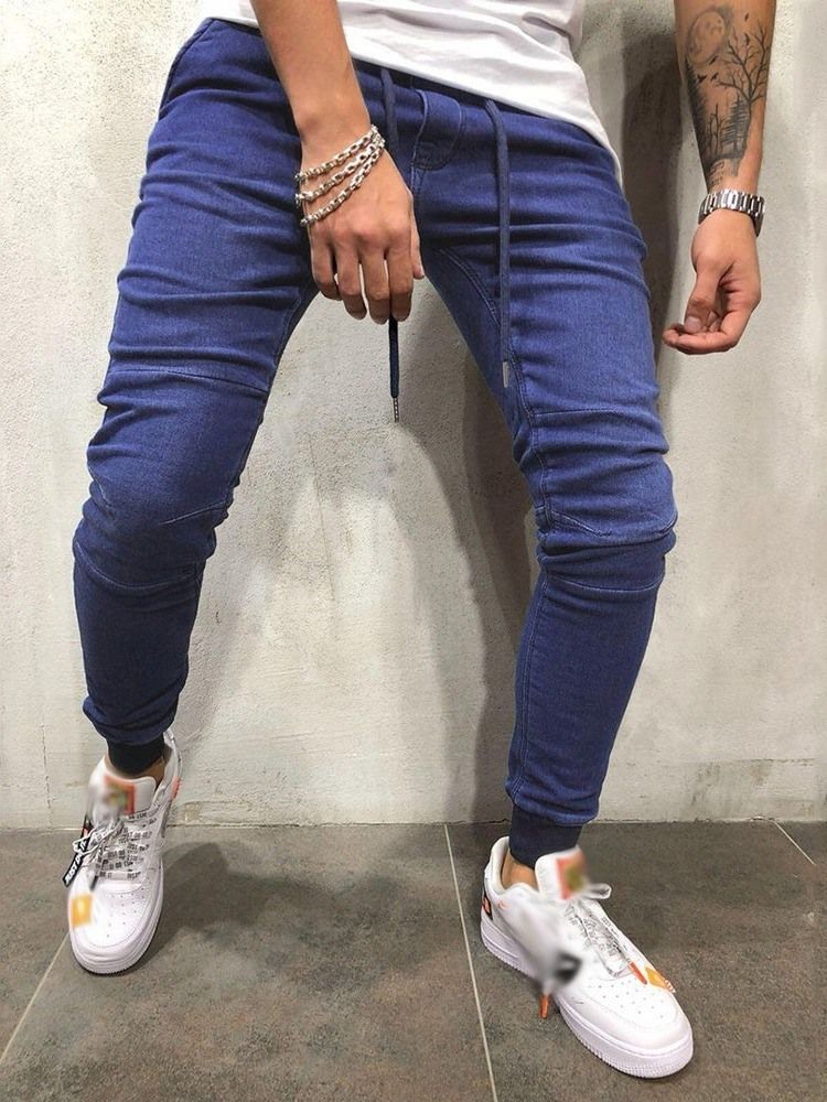 Plain Lace-up Casual Pencil Jeans For Menn