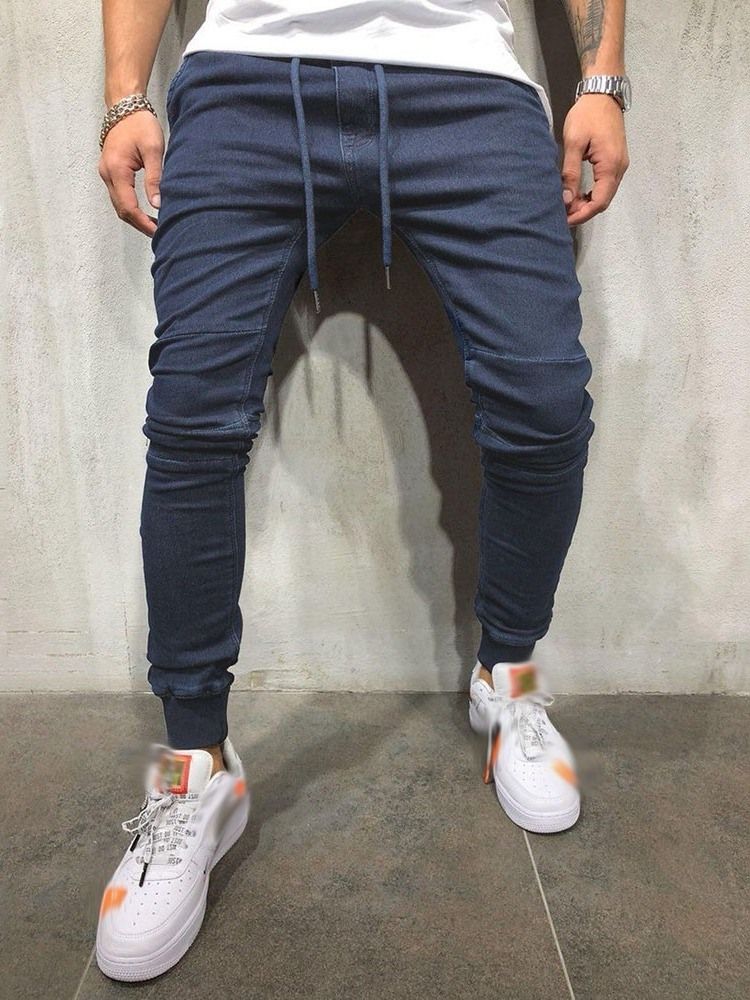 Plain Lace-up Casual Pencil Jeans For Menn