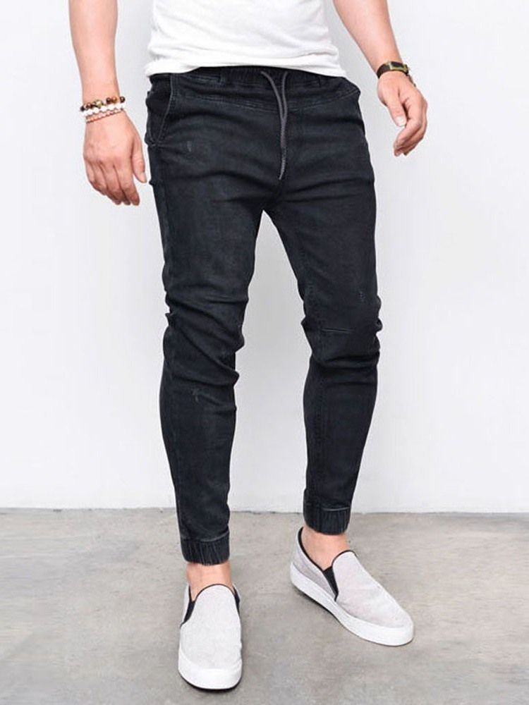 Plain Mid Waist Lace-up Jeans For Menn