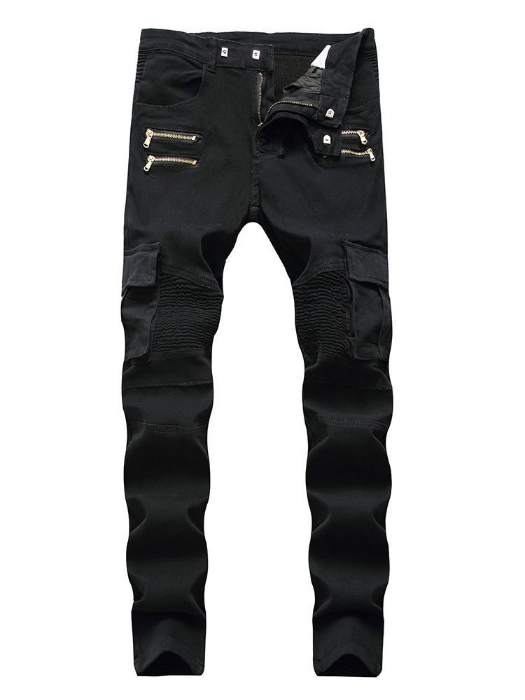 Plain Plissert Glidelås Midje Jeans For Menn