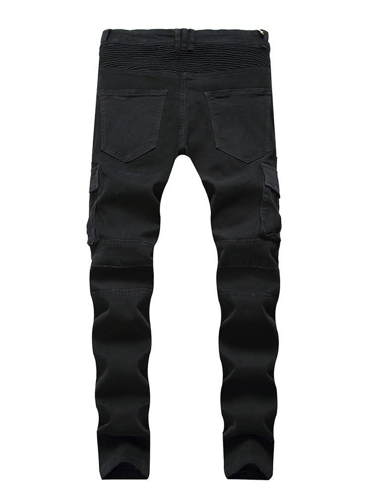 Plain Plissert Glidelås Midje Jeans For Menn