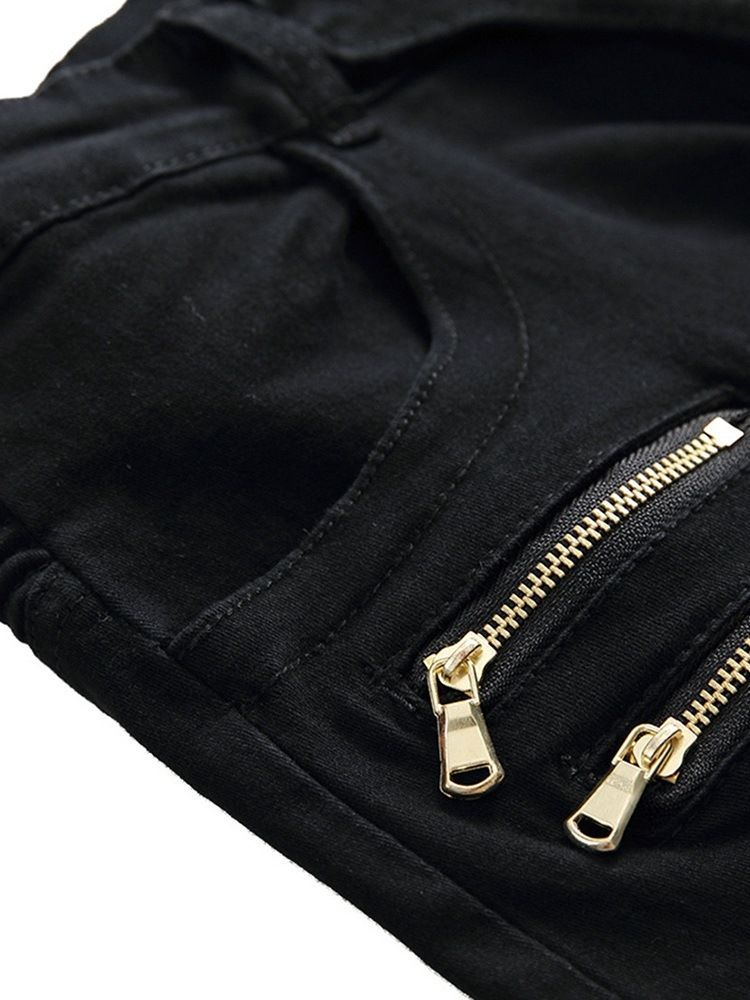 Plain Plissert Glidelås Midje Jeans For Menn