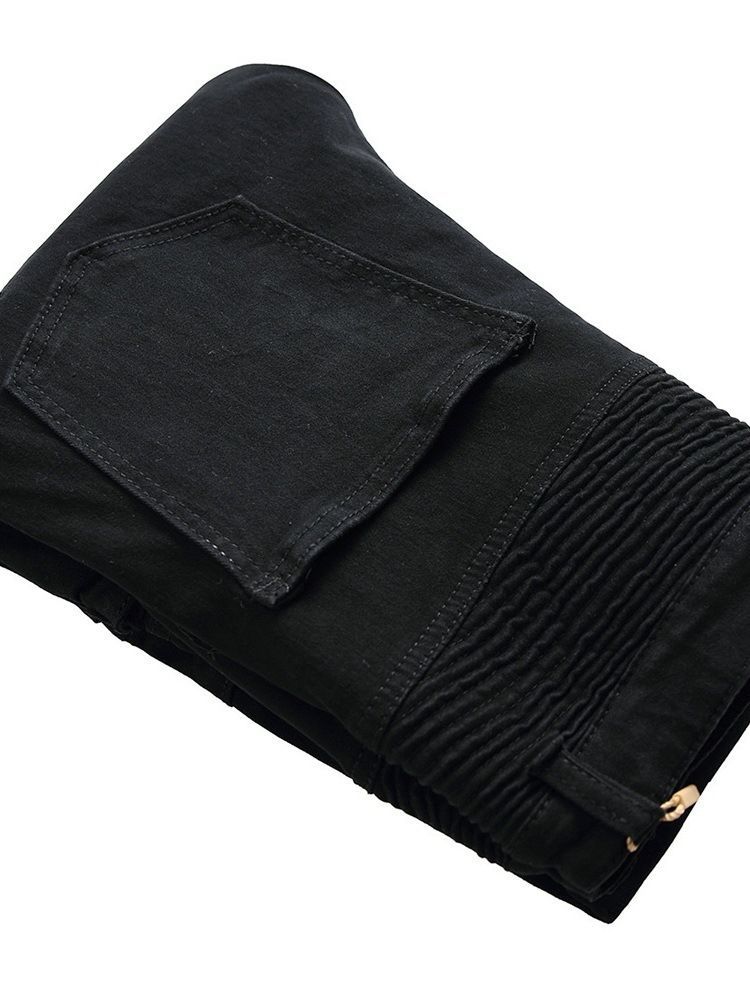 Plain Plissert Glidelås Midje Jeans For Menn