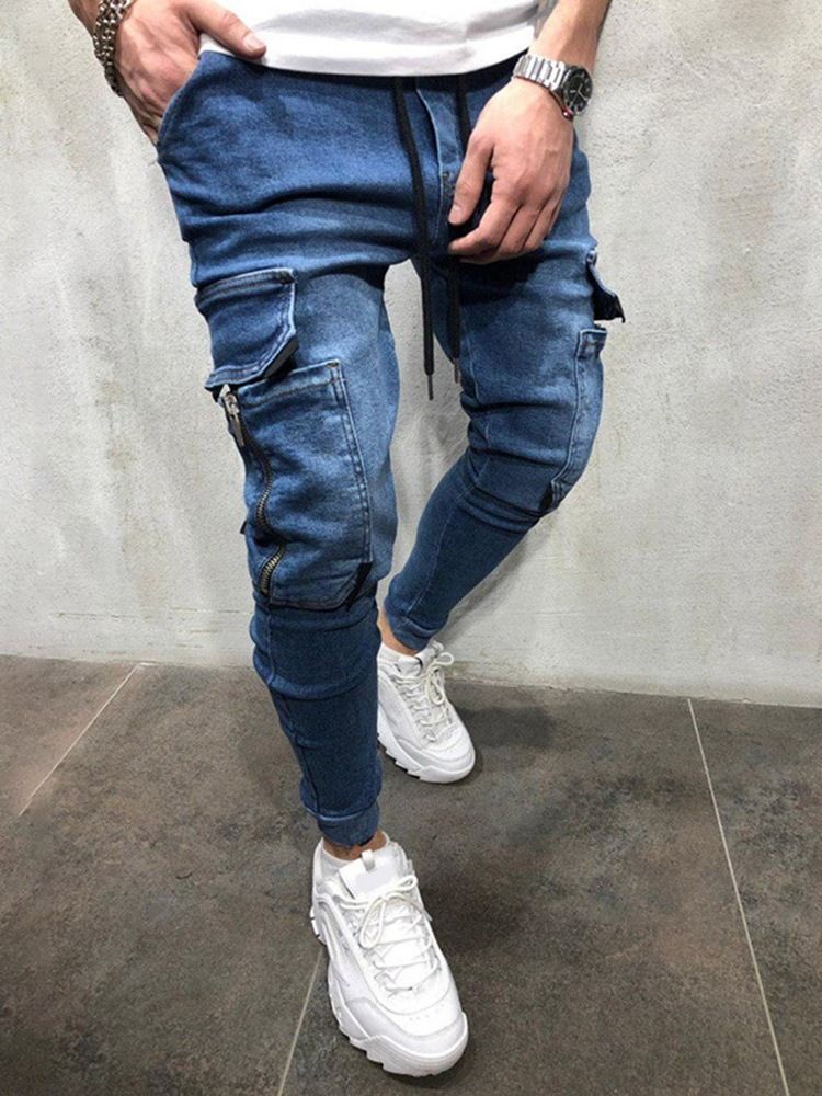 Plain Pocket Pencil Pants Lace-up Jeans For Menn