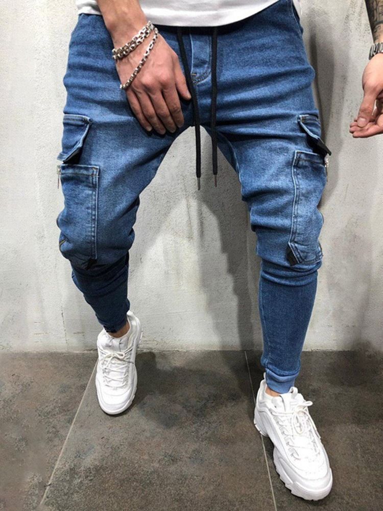 Plain Pocket Pencil Pants Lace-up Jeans For Menn