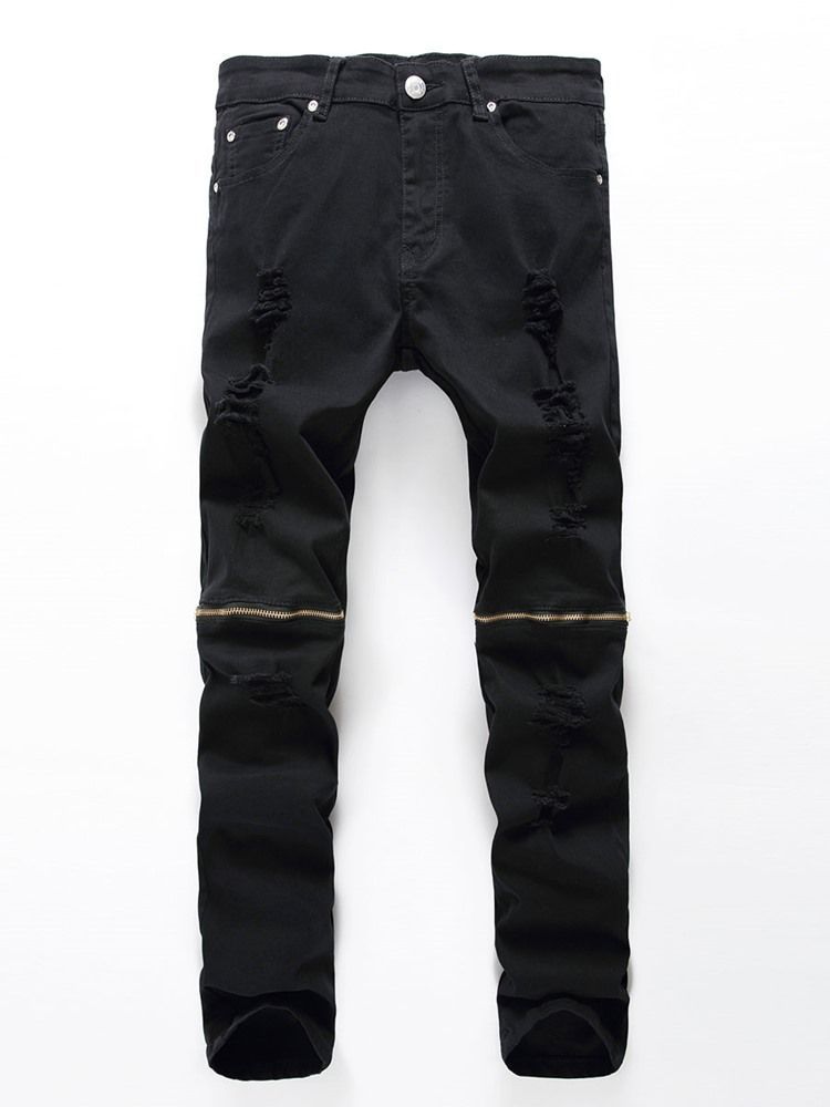 Plain Straight Glidelås Herre Mid Waist Jeans