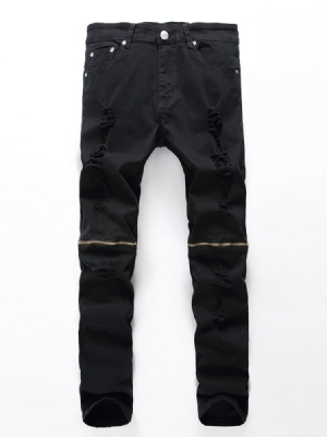 Plain Straight Glidelås Herre Mid Waist Jeans