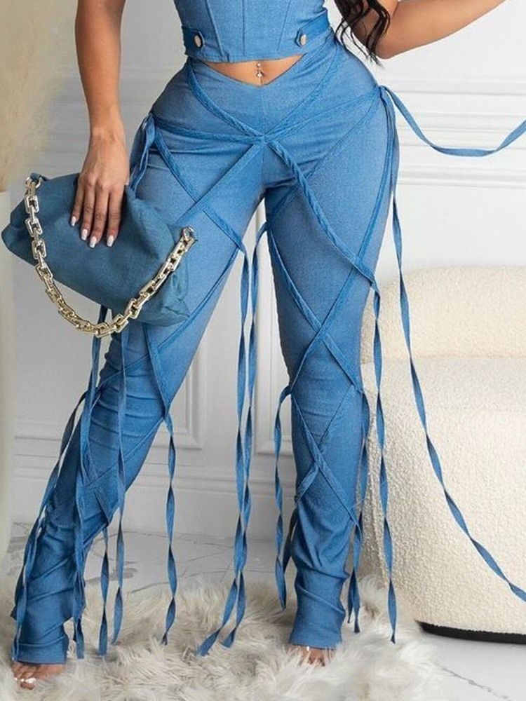 Plain Tassel Pencil Pants Dame Slim Jeans