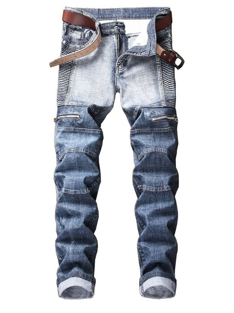 Plissert Glidelås Slitent Rett Mens-jeans