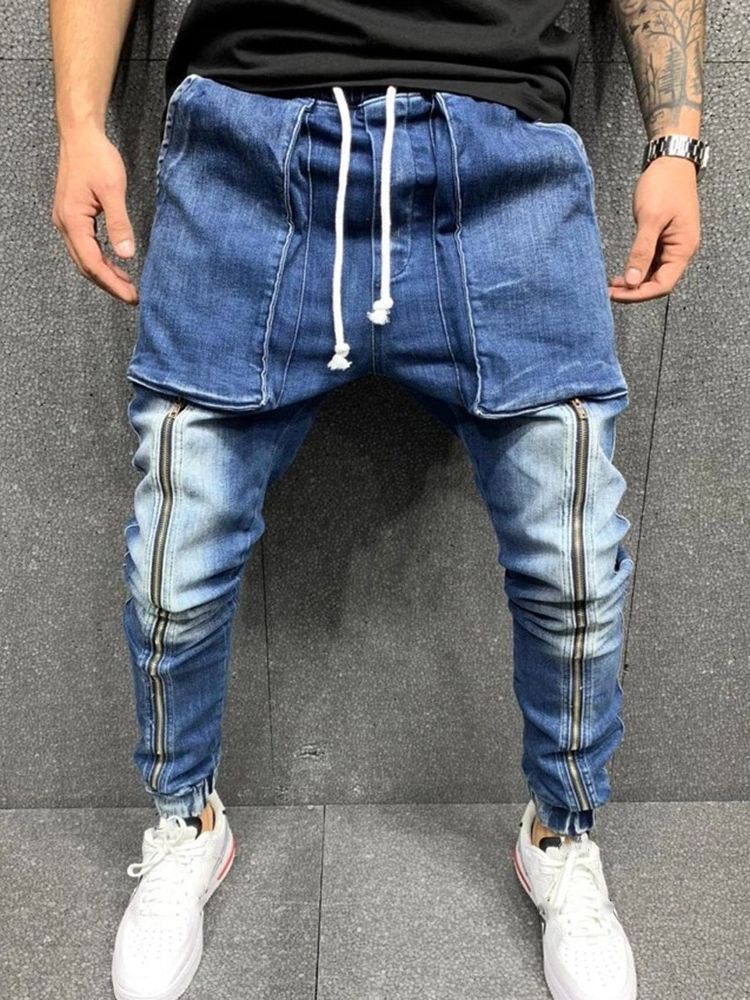 Pocket Lace-up Hip Hop Jeans For Menn