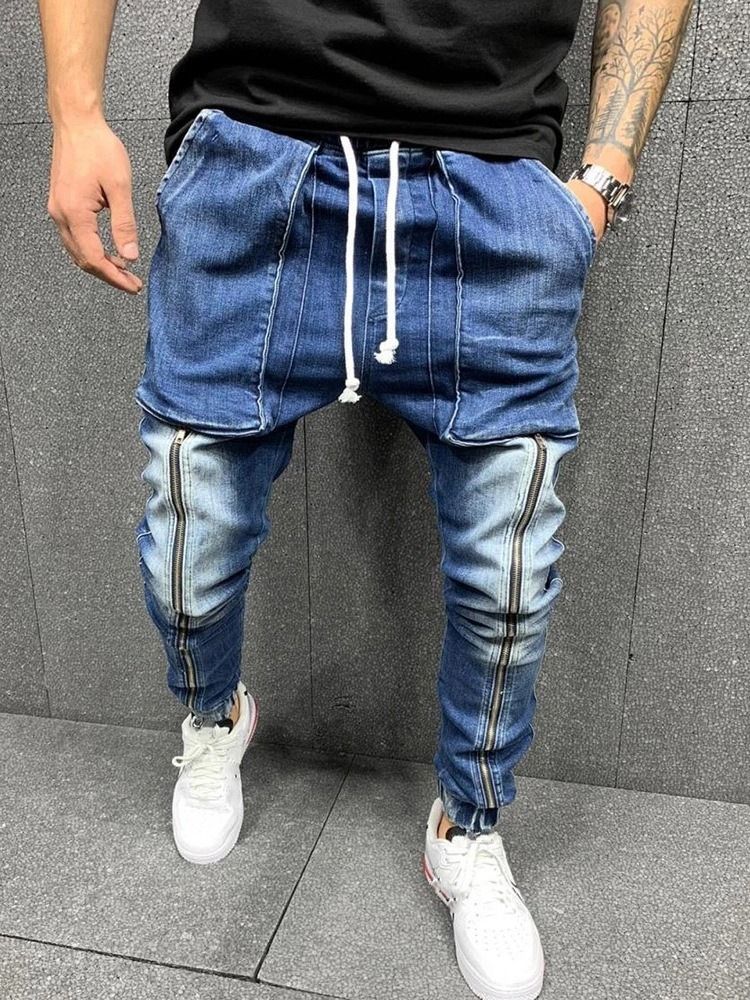 Pocket Lace-up Hip Hop Jeans For Menn