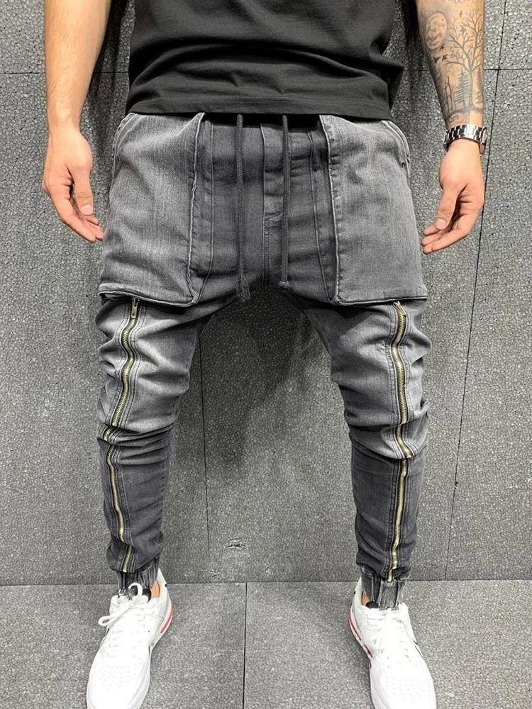 Pocket Lace-up Hip Hop Jeans For Menn