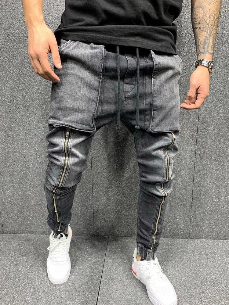 Pocket Lace-up Hip Hop Jeans For Menn