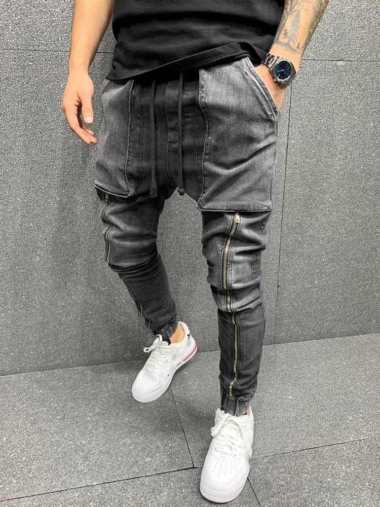 Pocket Lace-up Hip Hop Jeans For Menn