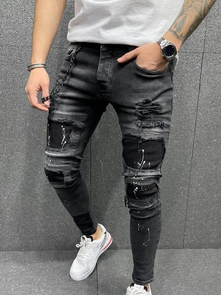 Pocket Pencil Pants Mid Waist Casual Jeans For Menn