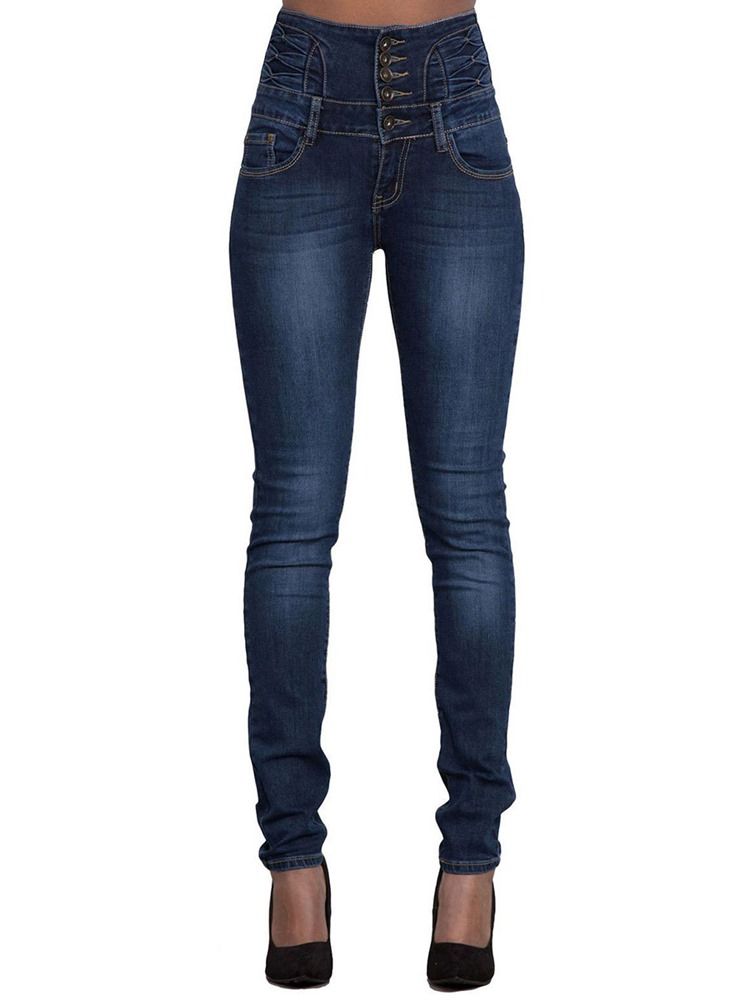 Pocket Plain High-waist Button Skinny Jeans For Kvinner