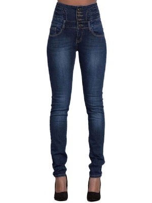 Pocket Plain High-waist Button Skinny Jeans For Kvinner