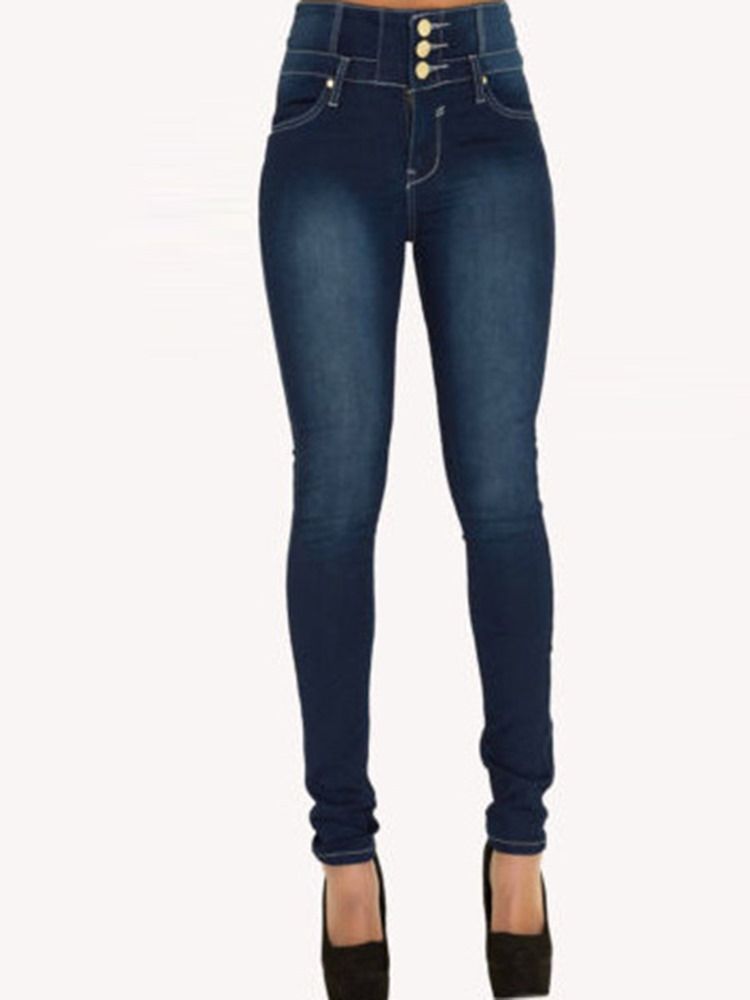 Pocket Plain High-waist Button Skinny Jeans For Kvinner