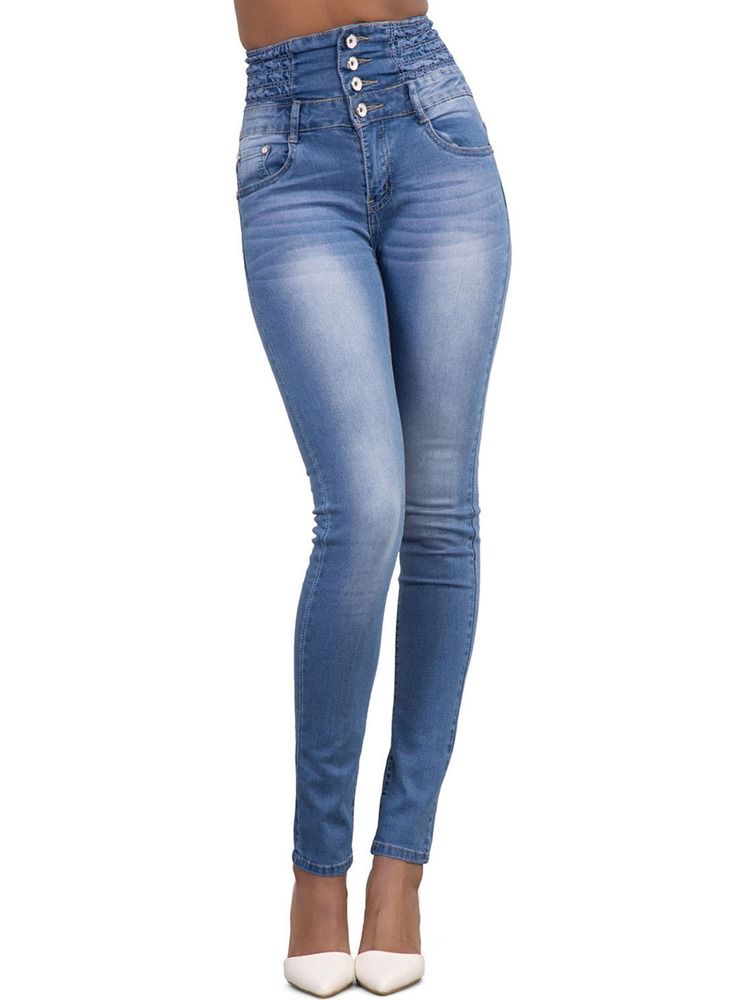 Pocket Plain High-waist Button Skinny Jeans For Kvinner